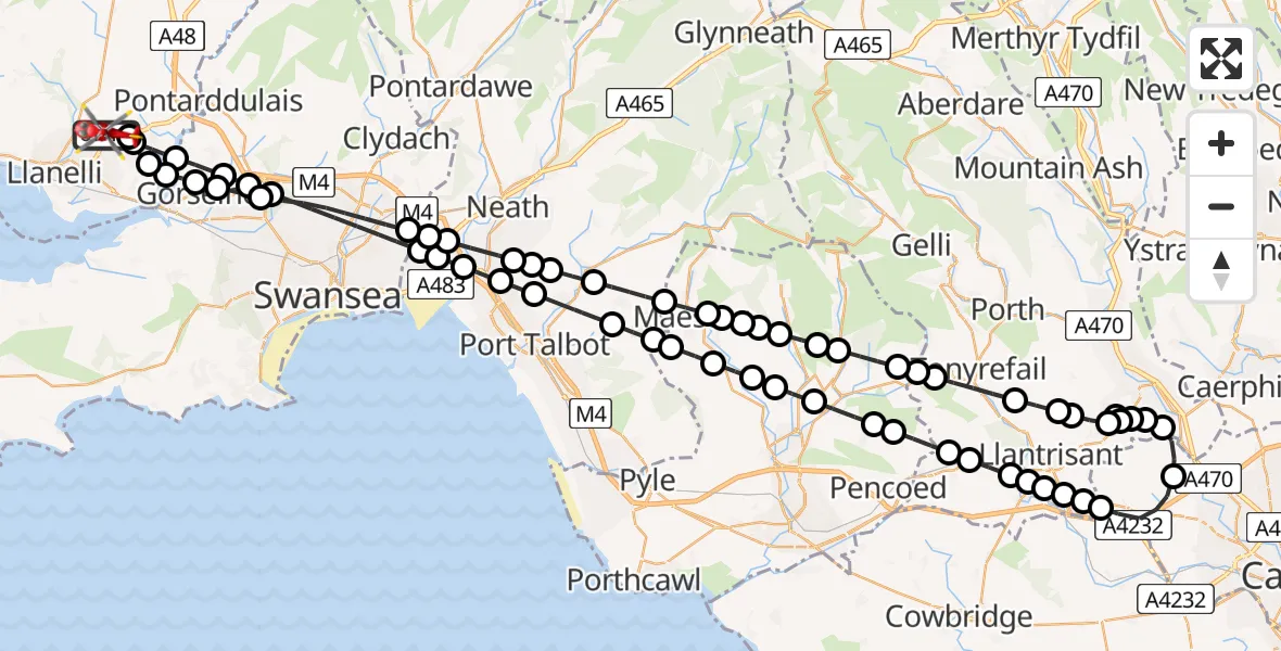 Flight path map showing Air Ambulance Helicopter route from Dafen to Dafen