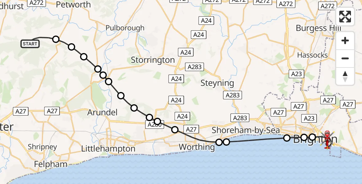 Flight path map showing Air Ambulance Helicopter route from Graffham to Brighton