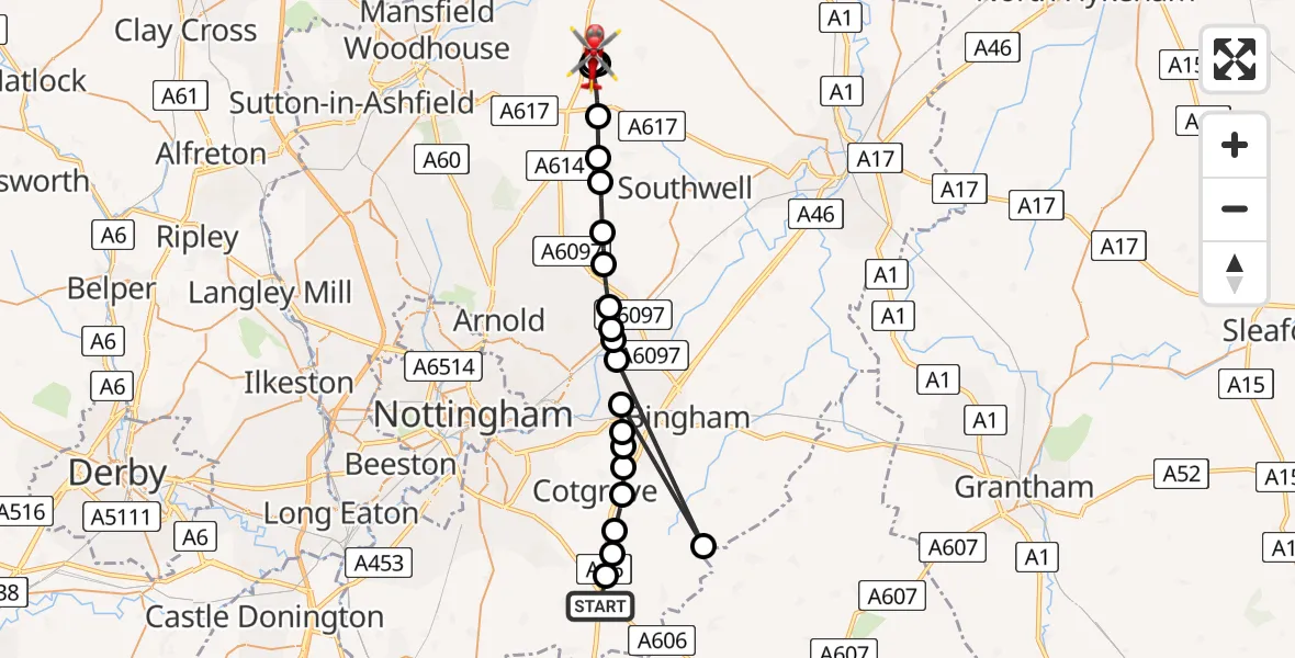 Flight path map showing Air Ambulance Helicopter route from Hickling to Newark and Sherwood