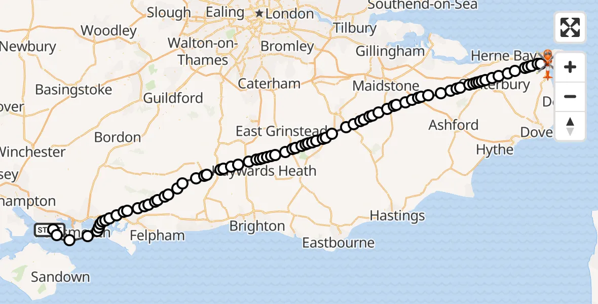 Flight path map showing Coastguard Helicopter route from Solent Airport to Manston Airport