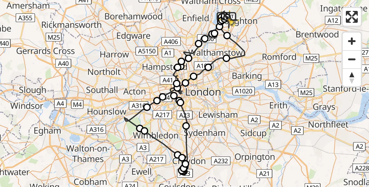 Flight path map showing Police Helicopter route from Metropolitan Police Air Support Unit Lippitts Hill to Sewardstonebury