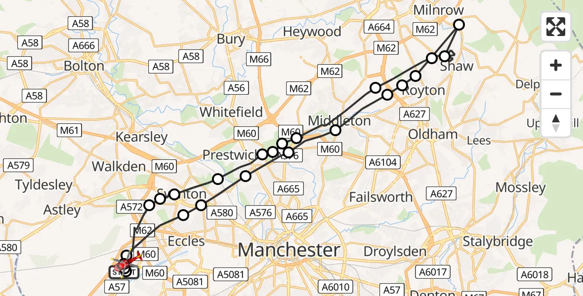 Flight path map showing Air Ambulance Helicopter route from Manchester Barton Aerodrome to Manchester Barton Aerodrome