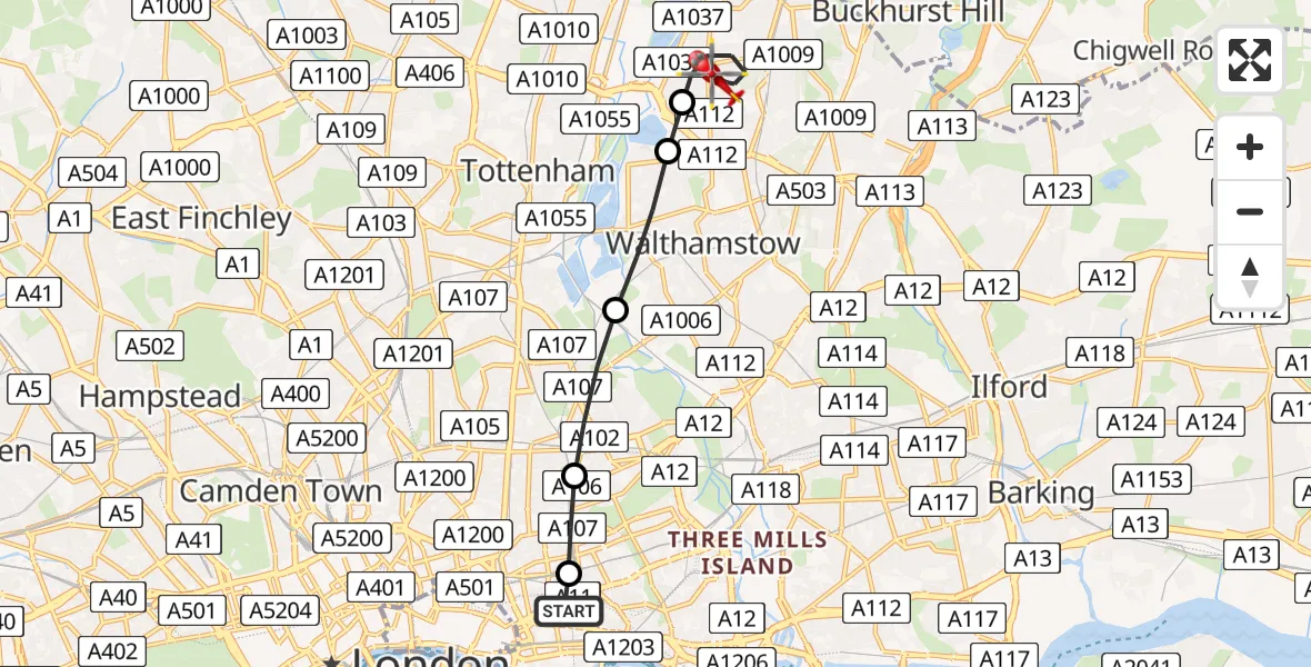 Routekaart van de vlucht: Air Ambulance Helicopter to London Borough of Waltham Forest, Larkswood Road