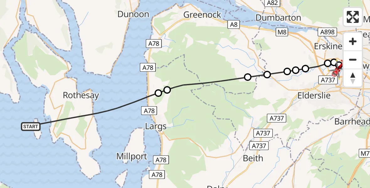 Flight path map showing Air Ambulance Helicopter route from Inner Seas to Glasgow Airport