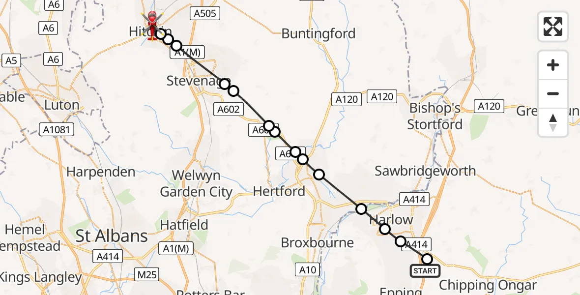 Flight path map showing Air Ambulance Helicopter route from North Weald Airfield to Hitchin