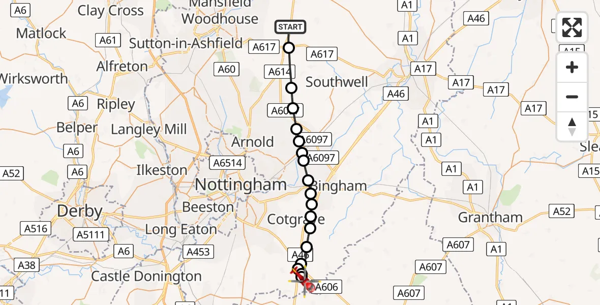 Routekaart van de vlucht: Air Ambulance Helicopter to Rushcliffe, Folly Hall Lane