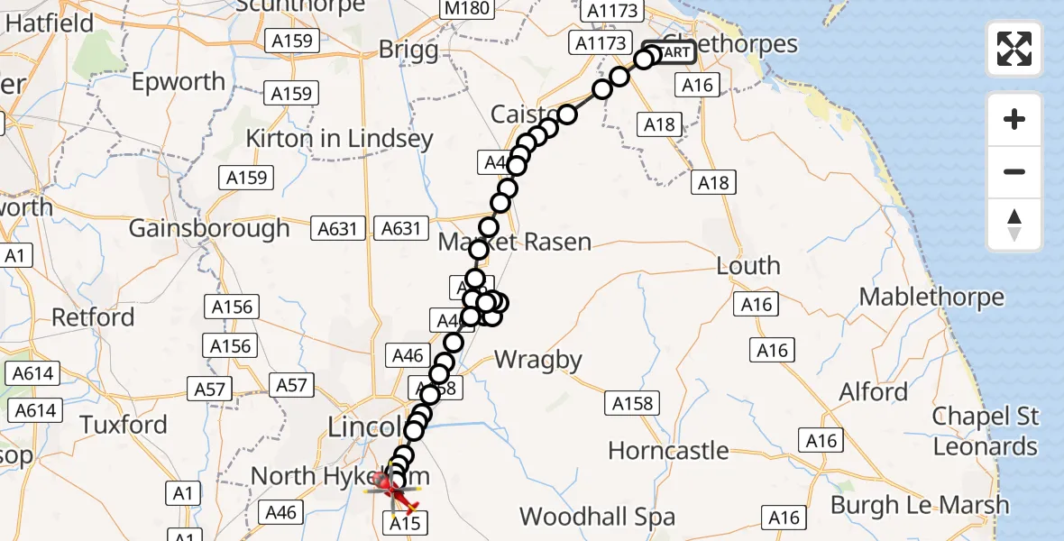 Flight path map showing Air Ambulance Helicopter route from Grimsby to North Kesteven