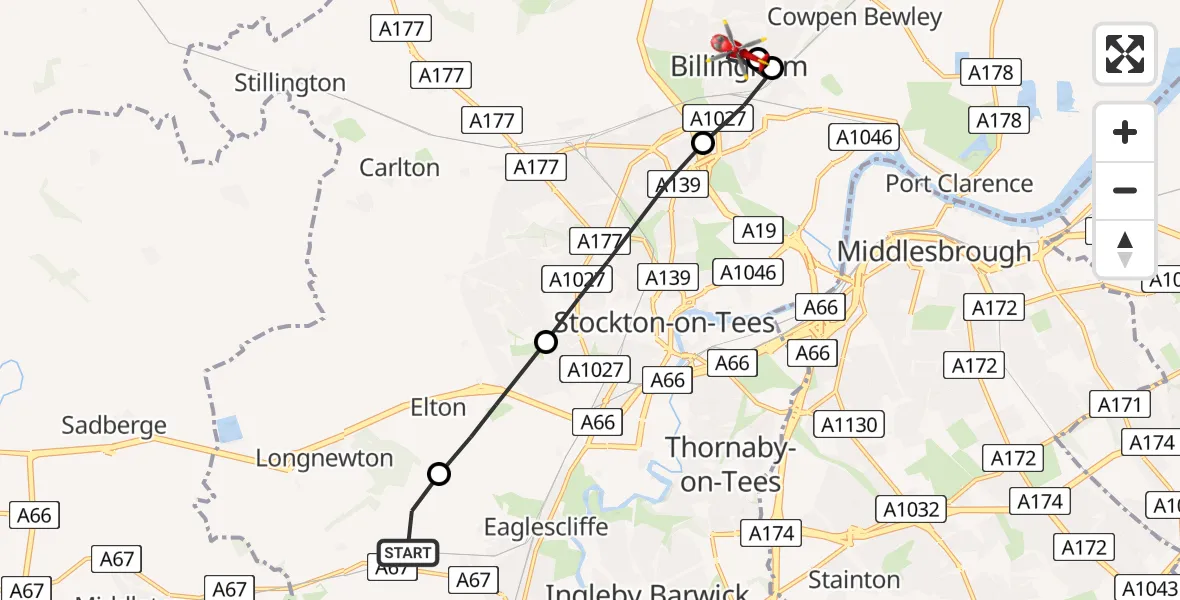 Flight path map showing Air Ambulance Helicopter route from Longnewton to Billingham
