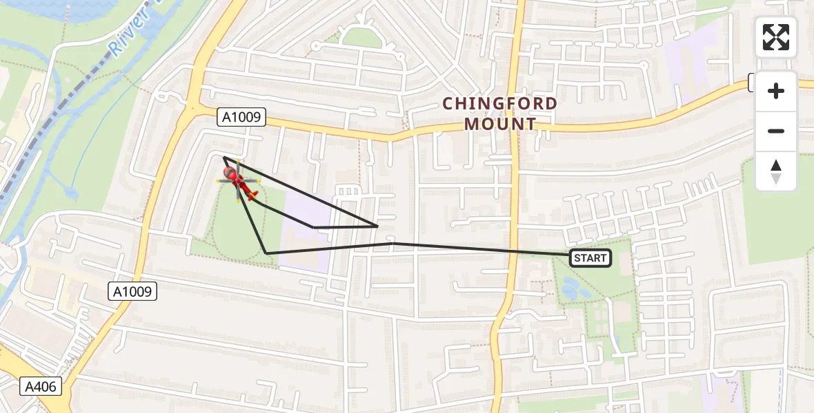Flight path map showing Air Ambulance Helicopter route from London Borough of Waltham Forest to London Borough of Waltham Forest