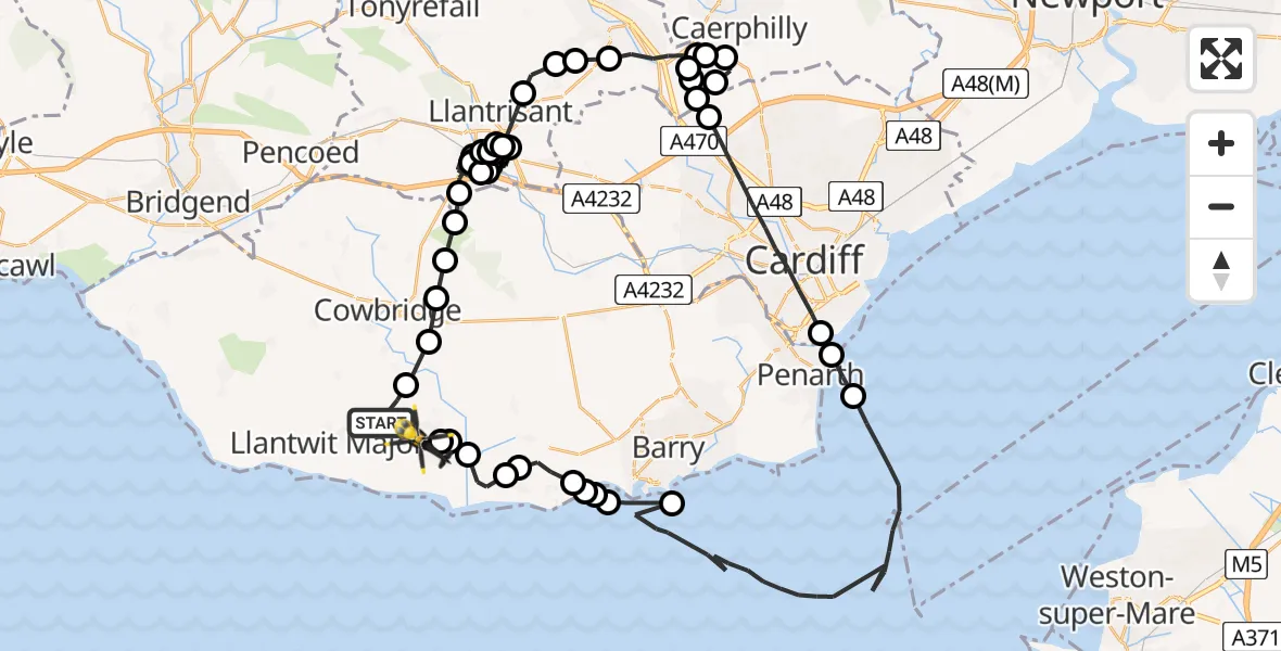 Flight path map showing Police Helicopter route from Eglwys Brewis to MOD St Athan