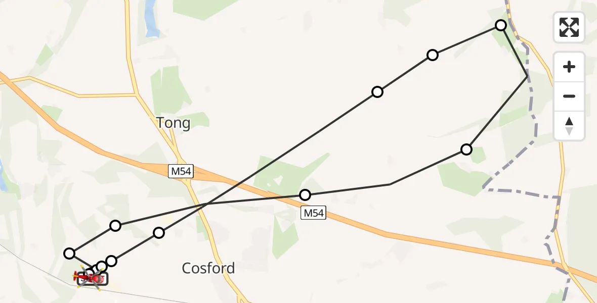 Flight path map showing Air Ambulance Helicopter route from RAF Cosford to Cosford