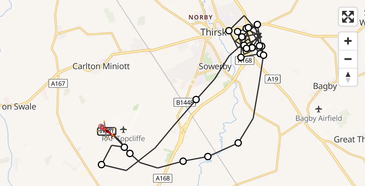 Flight path map showing Air Ambulance Helicopter route from RAF Topcliffe to RAF Topcliffe