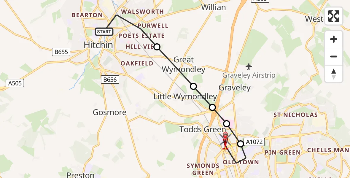 Flight path map showing Air Ambulance Helicopter route from Hitchin to Stevenage