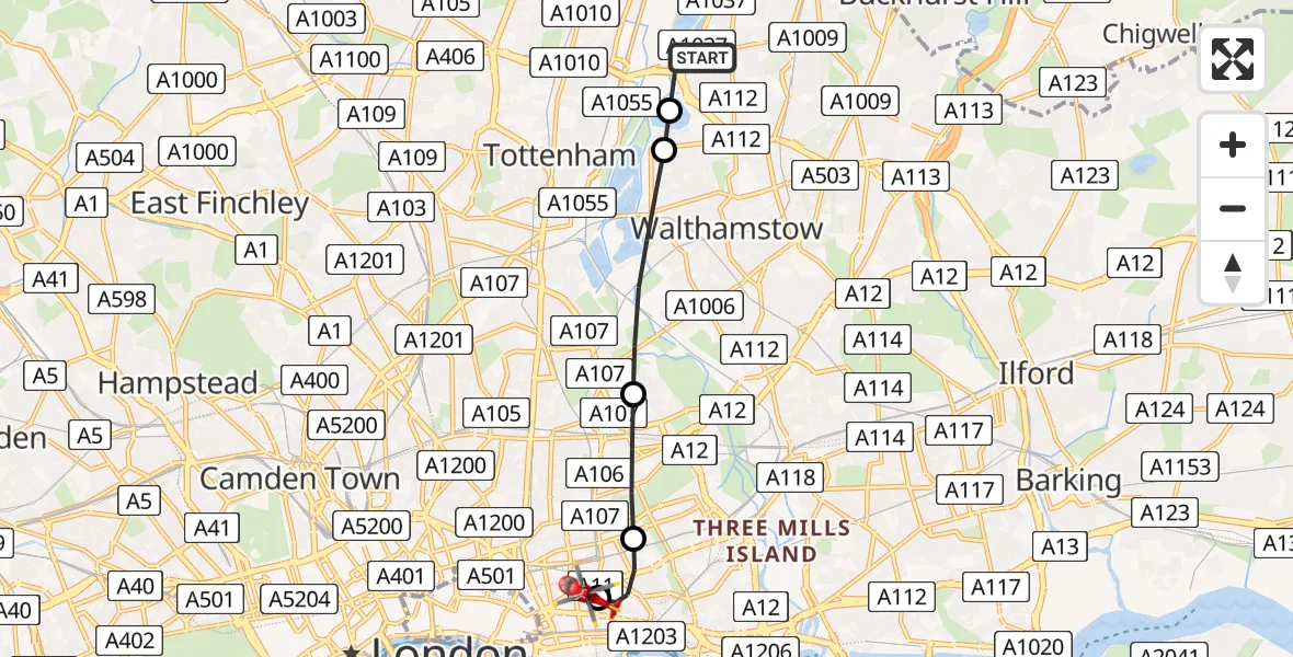 Flight path map showing Air Ambulance Helicopter route from London Borough of Waltham Forest to Royal London Hospital