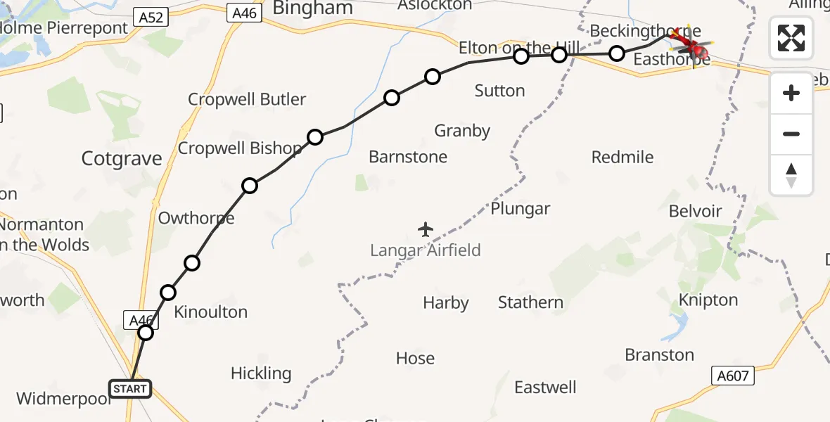 Routekaart van de vlucht: Air Ambulance Helicopter to Bottesford