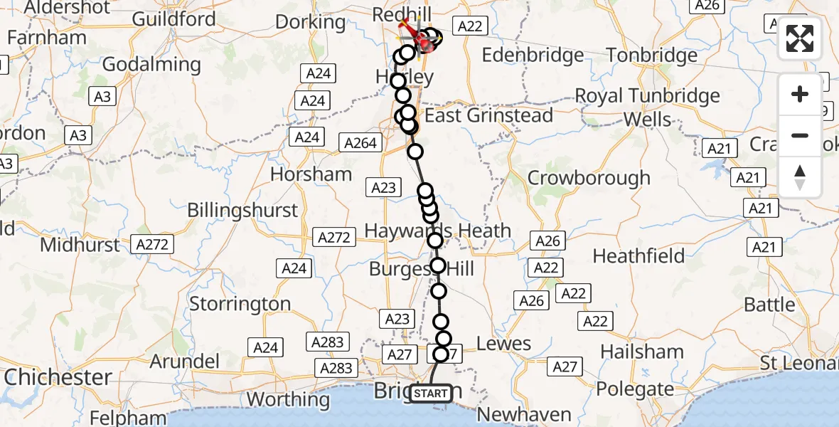 Flight path map showing Air Ambulance Helicopter route from Brighton to Redhill Aerodrome