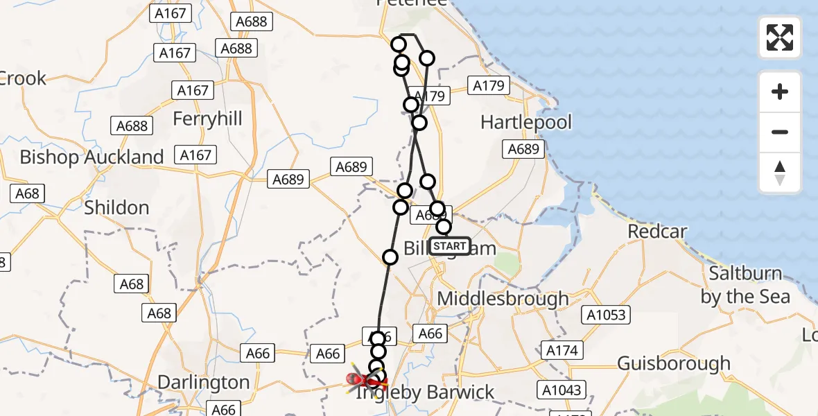 Flight path map showing Air Ambulance Helicopter route from Billingham to Egglescliffe