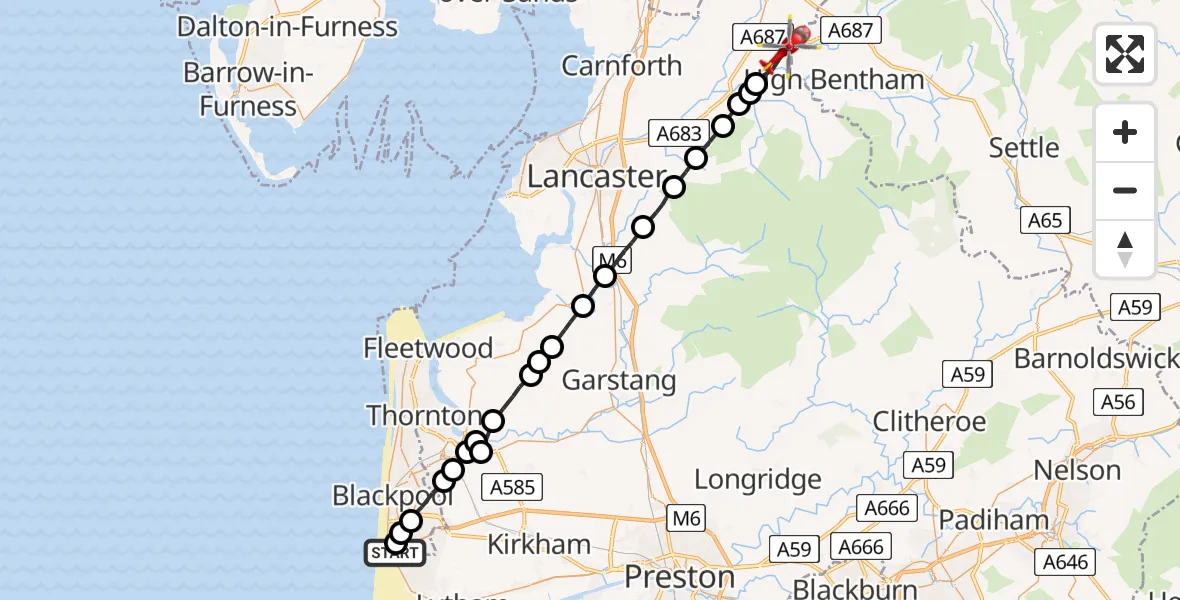 Flight path map showing Air Ambulance Helicopter route from Blackpool Airport to Wennington