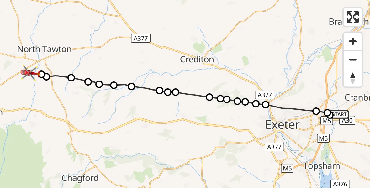 Flight path map showing Air Ambulance Helicopter route from West Clyst to West Devon