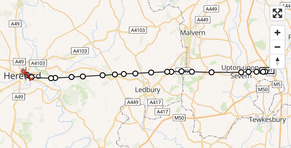 Flight path map showing Air Ambulance Helicopter route from Hill Croome to Hereford County Hospital
