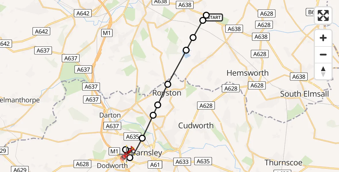Routekaart van de vlucht: Air Ambulance Helicopter to Barnsley, A628