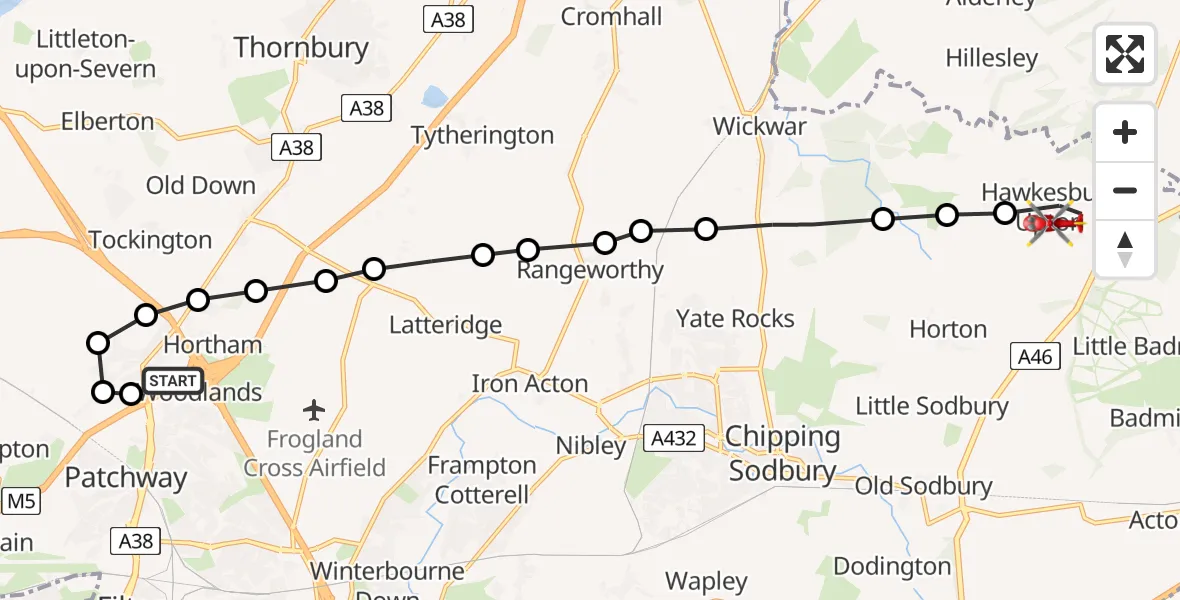 Flight path map showing Air Ambulance Helicopter route from Almondsbury Helicopter Base to Hawkesbury Upton