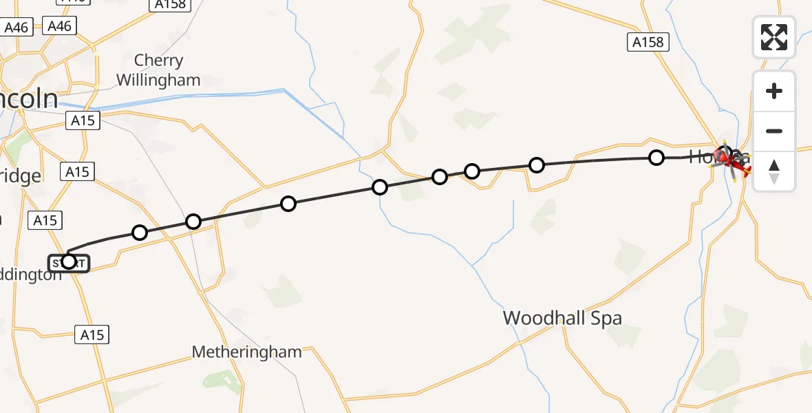Flight path map showing Air Ambulance Helicopter route from RAF Waddington to Horncastle