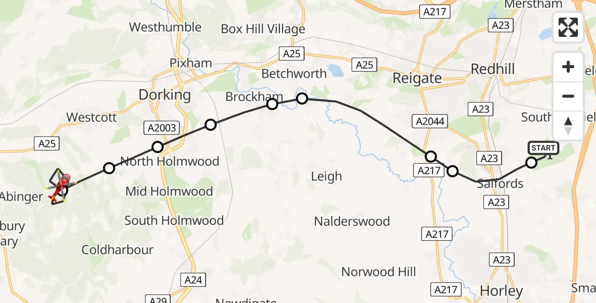 Flight path map showing Air Ambulance Helicopter route from Redhill Aerodrome to Abinger