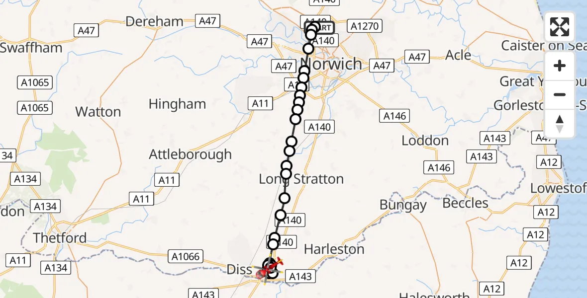 Flight path map showing Air Ambulance Helicopter route from Norwich Airport to Dickleburgh