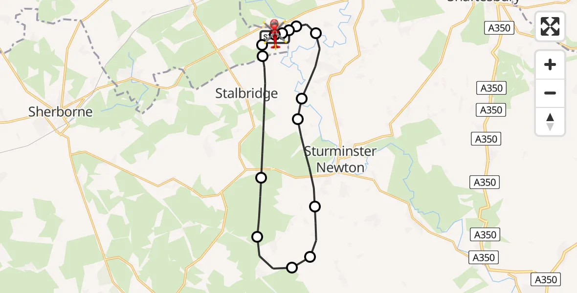 Flight path map showing Air Ambulance Helicopter route from Henstridge Airfield to Henstridge Airfield