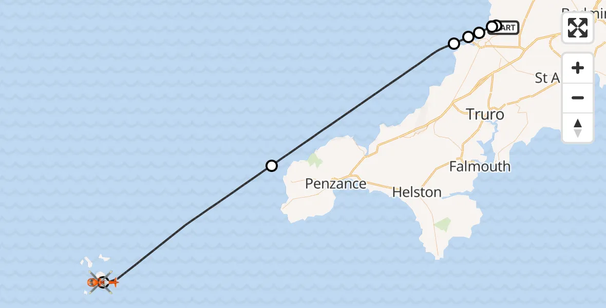 Flight path map showing Coastguard Helicopter route from Cornwall Airport Newquay to St. Mary's Airport