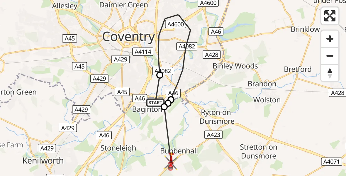 Flight path map showing Air Ambulance Helicopter route from Coventry Airport to Bubbenhall