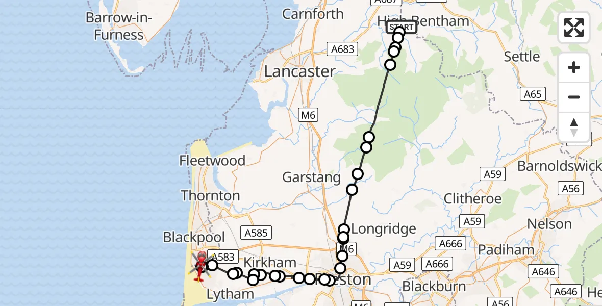 Flight path map showing Air Ambulance Helicopter route from Wennington to Blackpool Airport