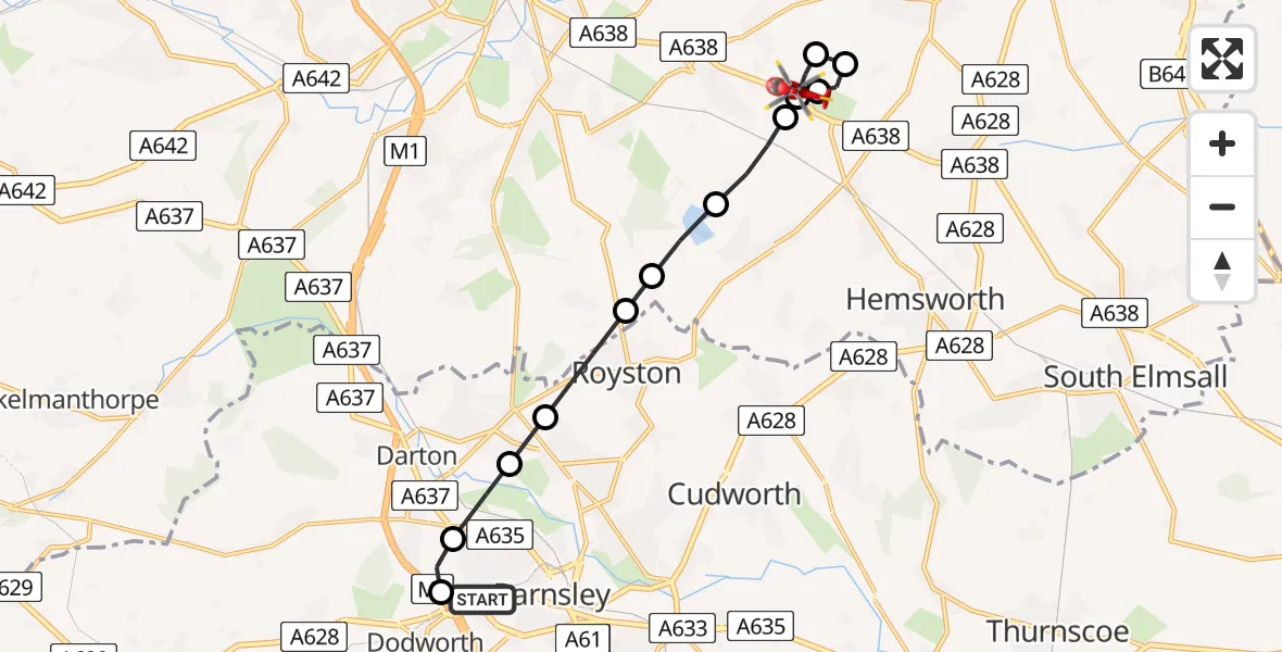 Flight path map showing Air Ambulance Helicopter route from Barnsley to YAA Nostell Helicopter Port