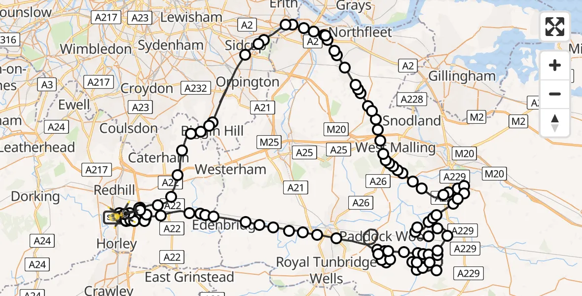 Flight path map showing Police Helicopter route from Salfords to Salfords