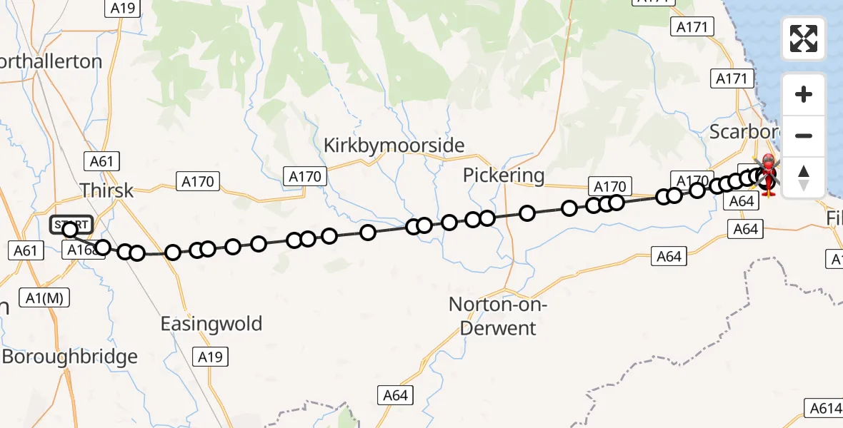 Flight path map showing Air Ambulance Helicopter route from RAF Topcliffe to Eastfield