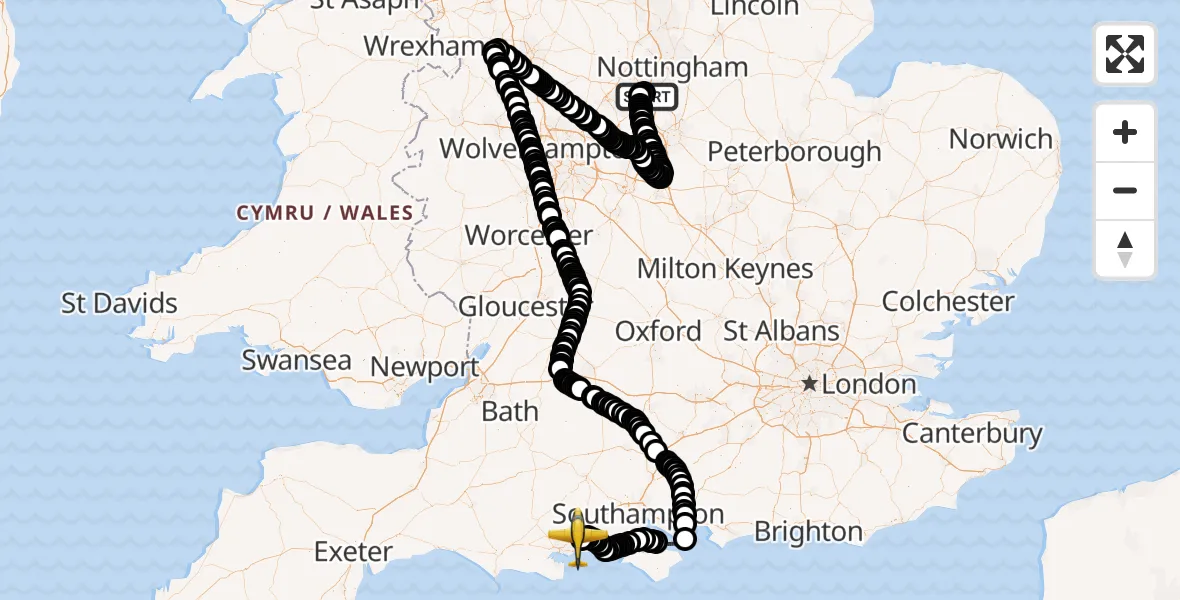 Flight path map showing Police Aircraft route from East Midlands Airport to Bournemouth Airport