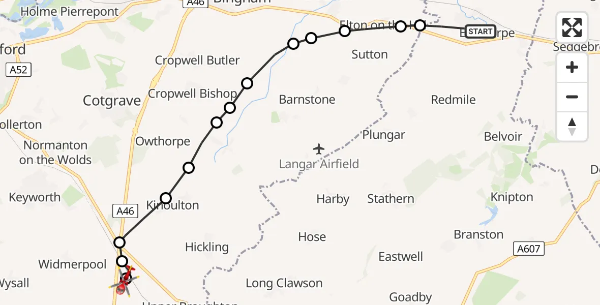 Flight path map showing Air Ambulance Helicopter route from Bottesford to Nottingham Heliport