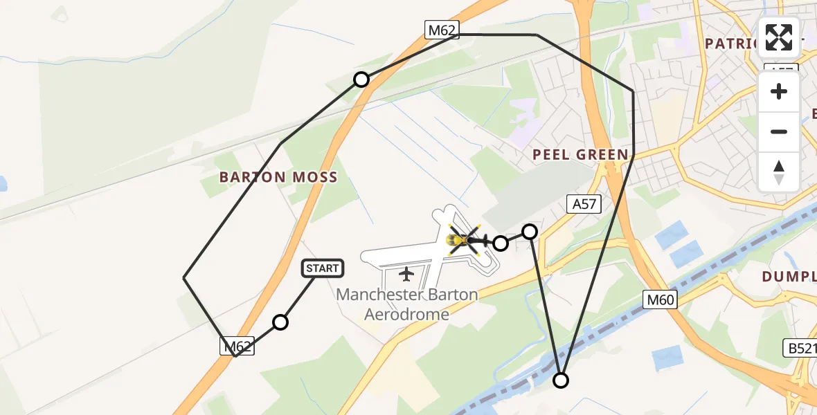 Flight path map showing Police Helicopter route from Manchester Barton Aerodrome to Manchester Barton Aerodrome