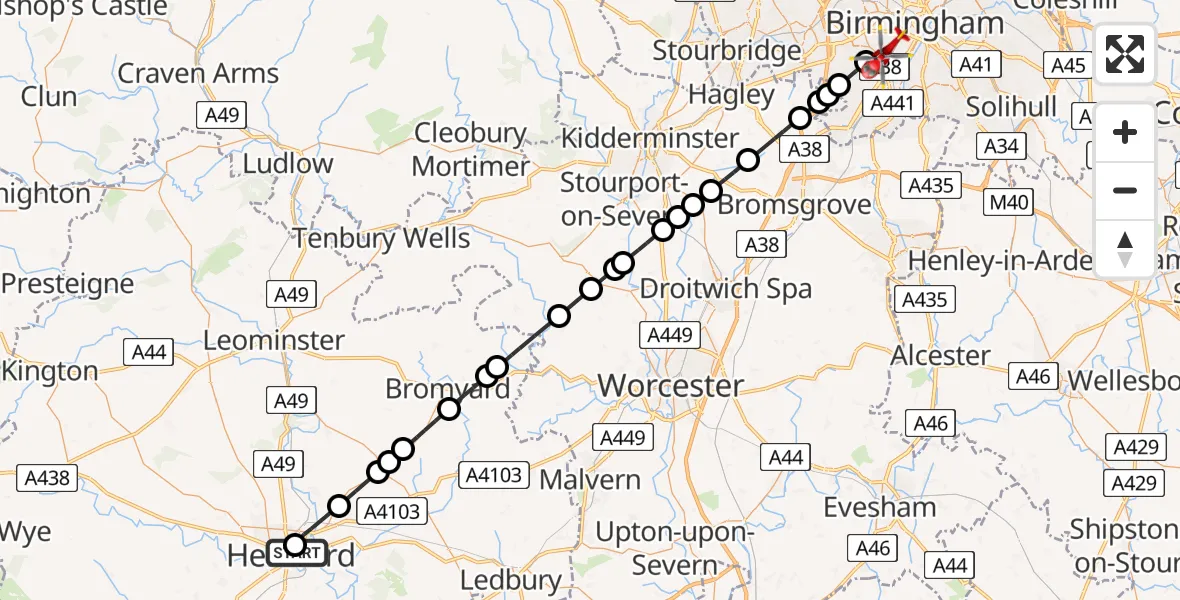 Flight path map showing Air Ambulance Helicopter route from Hereford County Hospital to Metchley
