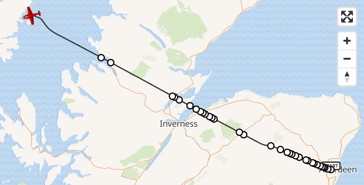 Flight path map showing Air Ambulance Aircraft route from Aberdeen City to Inner Seas