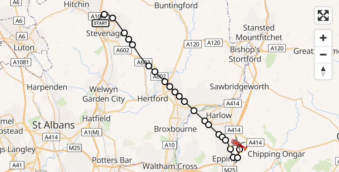 Flight path map showing Air Ambulance Helicopter route from Stevenage to North Weald Airfield