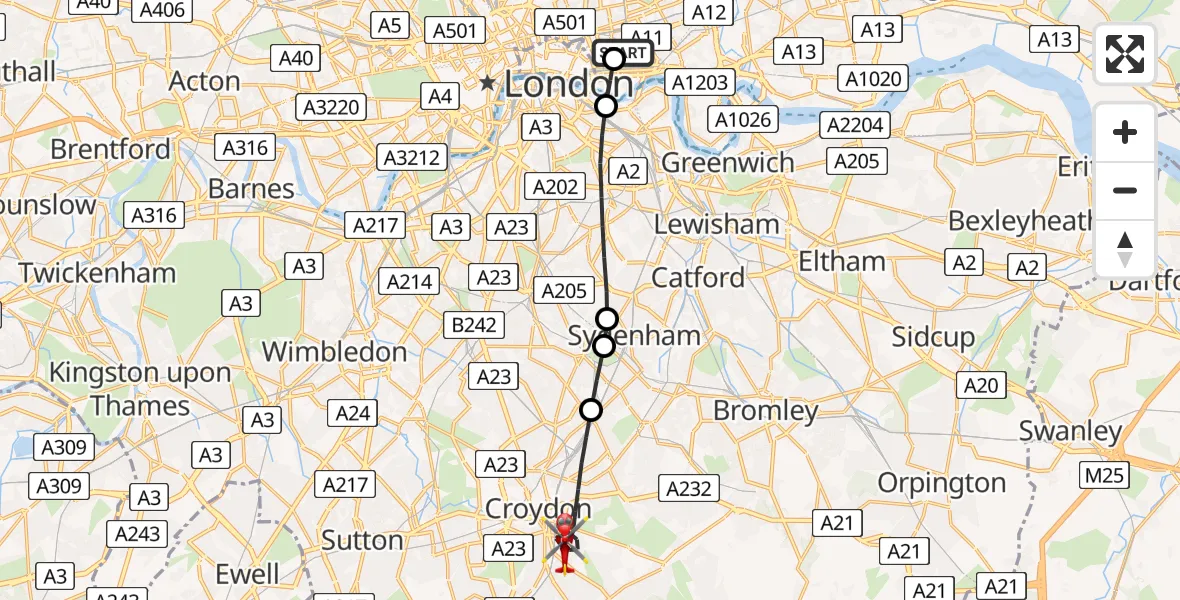 Flight path map showing Air Ambulance Helicopter route from Royal London Hospital to London Borough of Croydon