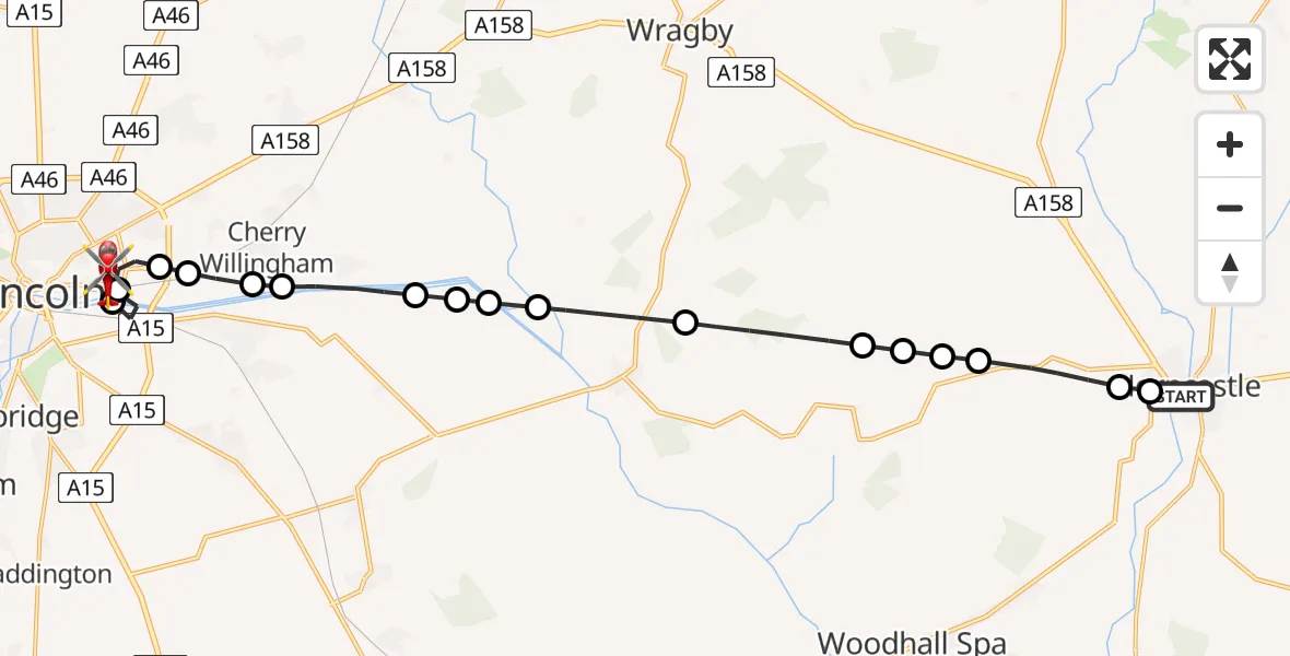 Flight path map showing Air Ambulance Helicopter route from Horncastle to Lincoln