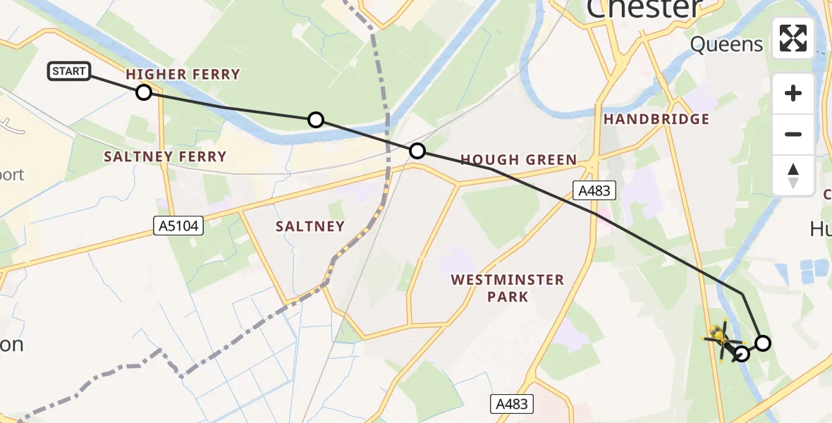 Flight path map showing Police Helicopter route from Hawarden Airport to Chester