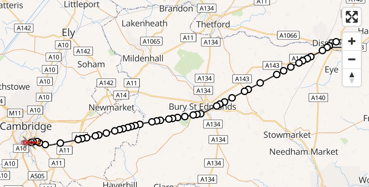 Flight path map showing Air Ambulance Helicopter route from Dickleburgh to Papworth Hospital