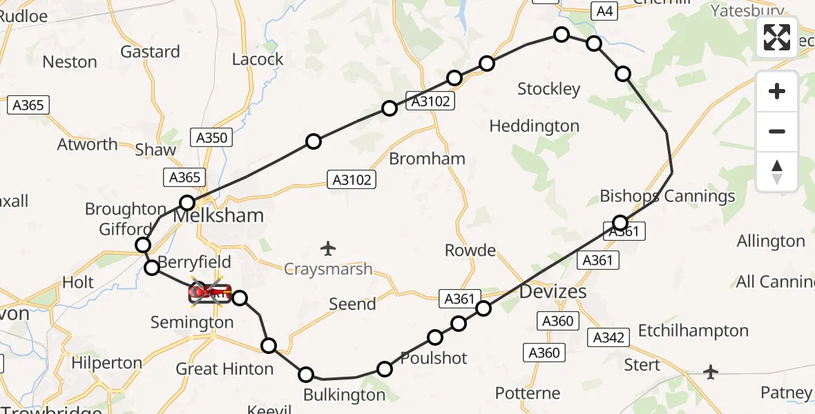 Flight path map showing Air Ambulance Helicopter route from Wiltshire Air Ambulance to Melksham