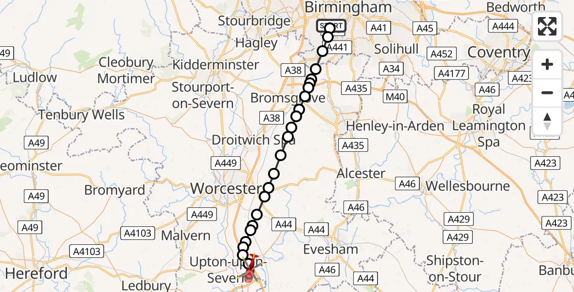 Flight path map showing Air Ambulance Helicopter route from Queen Elizabeth Hospital Helipad to Hill Croome