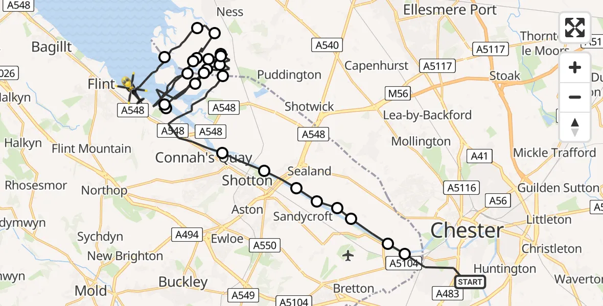 Flight path map showing Police Helicopter route from Chester to Flint
