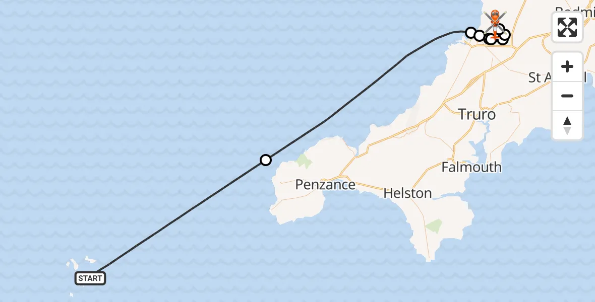 Flight path map showing Coastguard Helicopter route from North Atlantic Ocean to Cornwall Airport Newquay